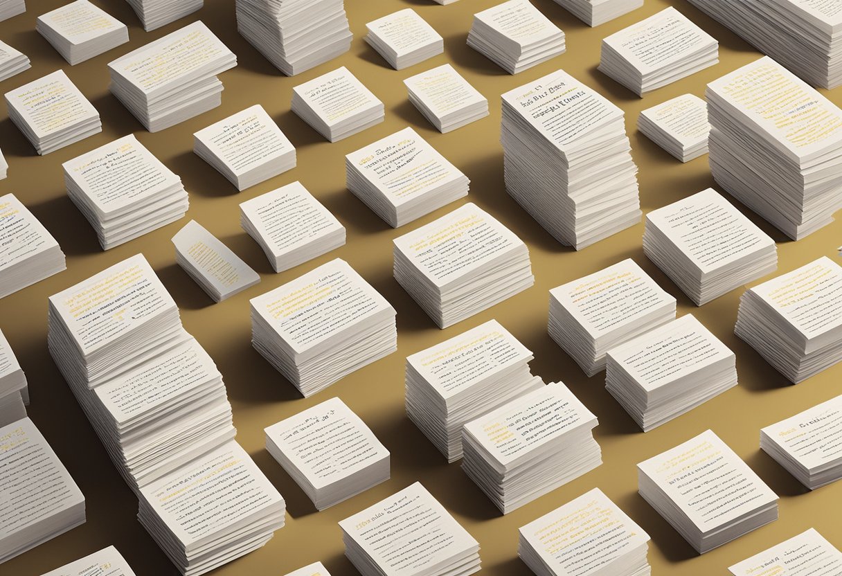 A stack of quote cards arranged in a neat row, each with a unique quote printed in bold lettering. Light filters through a nearby window, casting a soft glow on the cards