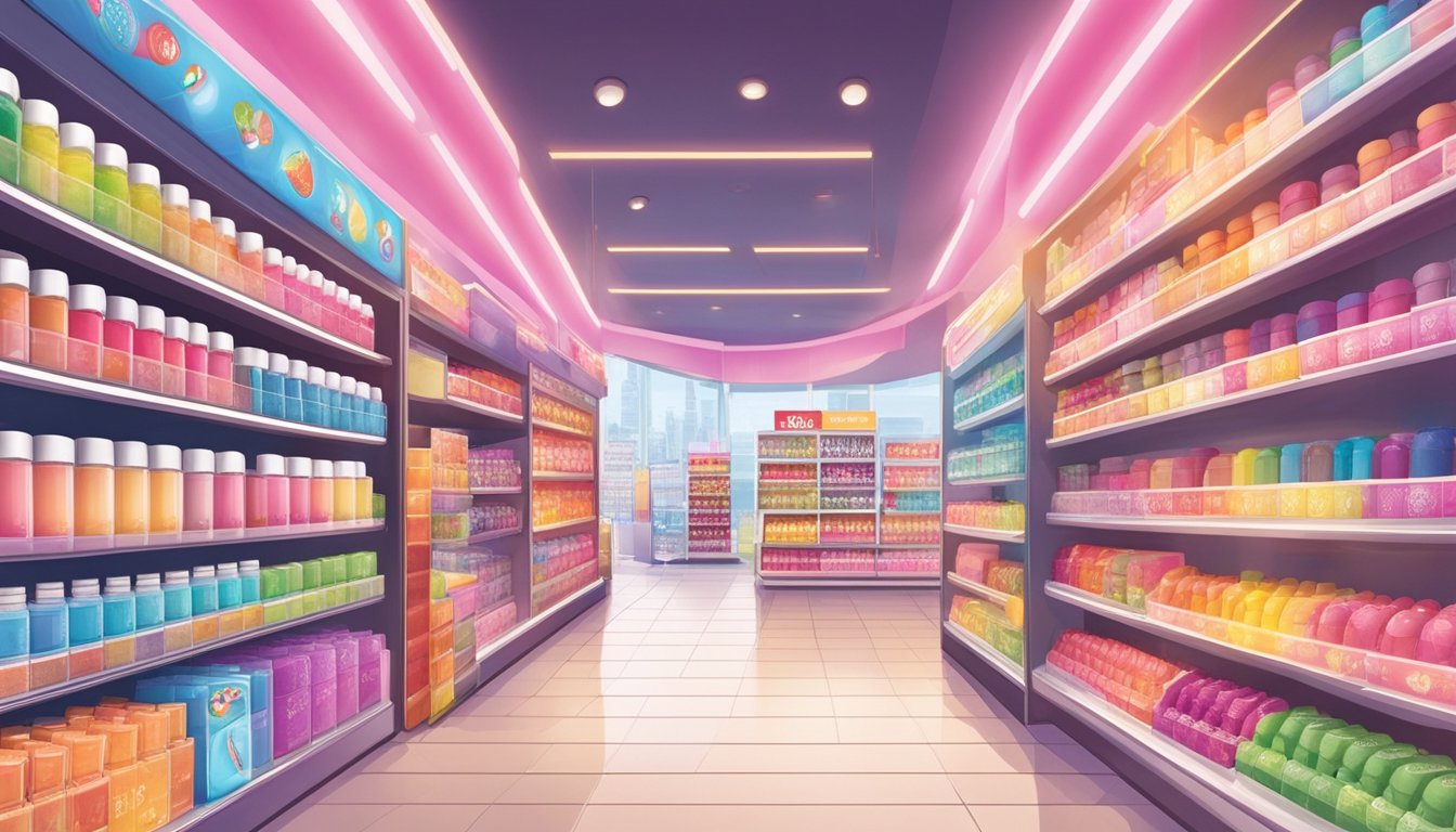 A brightly lit store display showcases various flavors of EOS lip balm in a bustling shopping district in Singapore. The products are neatly arranged on shelves with clear price tags, and a sign indicates that they are available for purchase