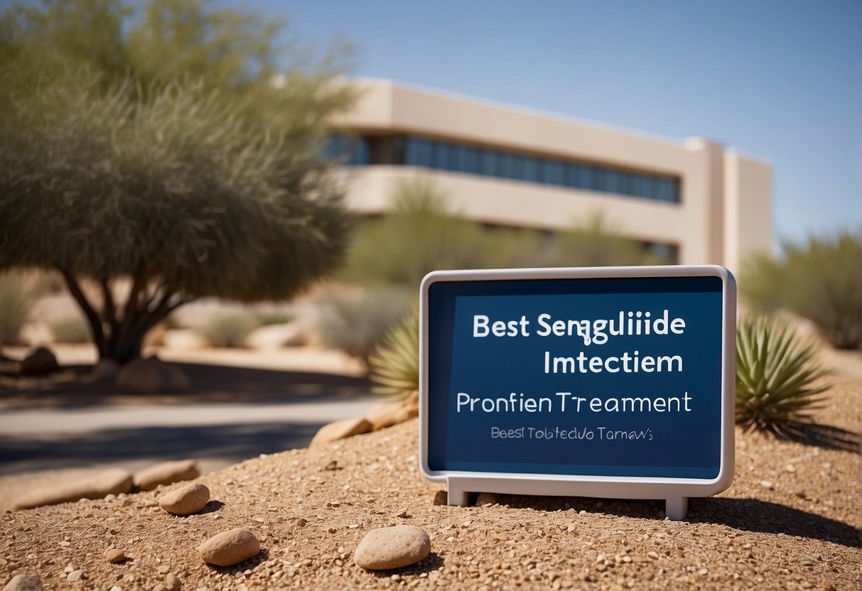 A serene desert landscape with a modern medical facility in the background, featuring the text "Best semaglutide weight loss injection treatment Scottsdale, Arizona" prominently displayed