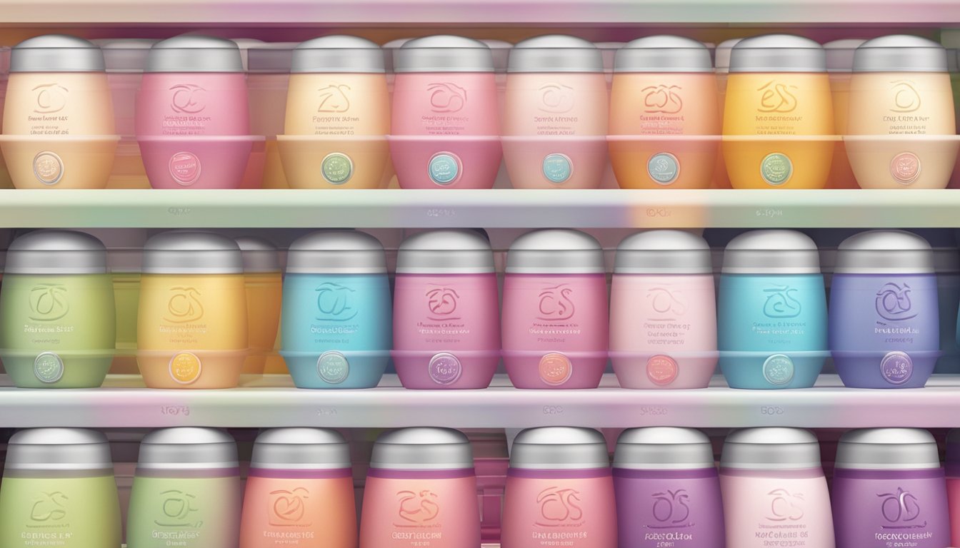 A display of EOS lip balm at a Singaporean store, with various flavors and colors arranged neatly on a shelf
