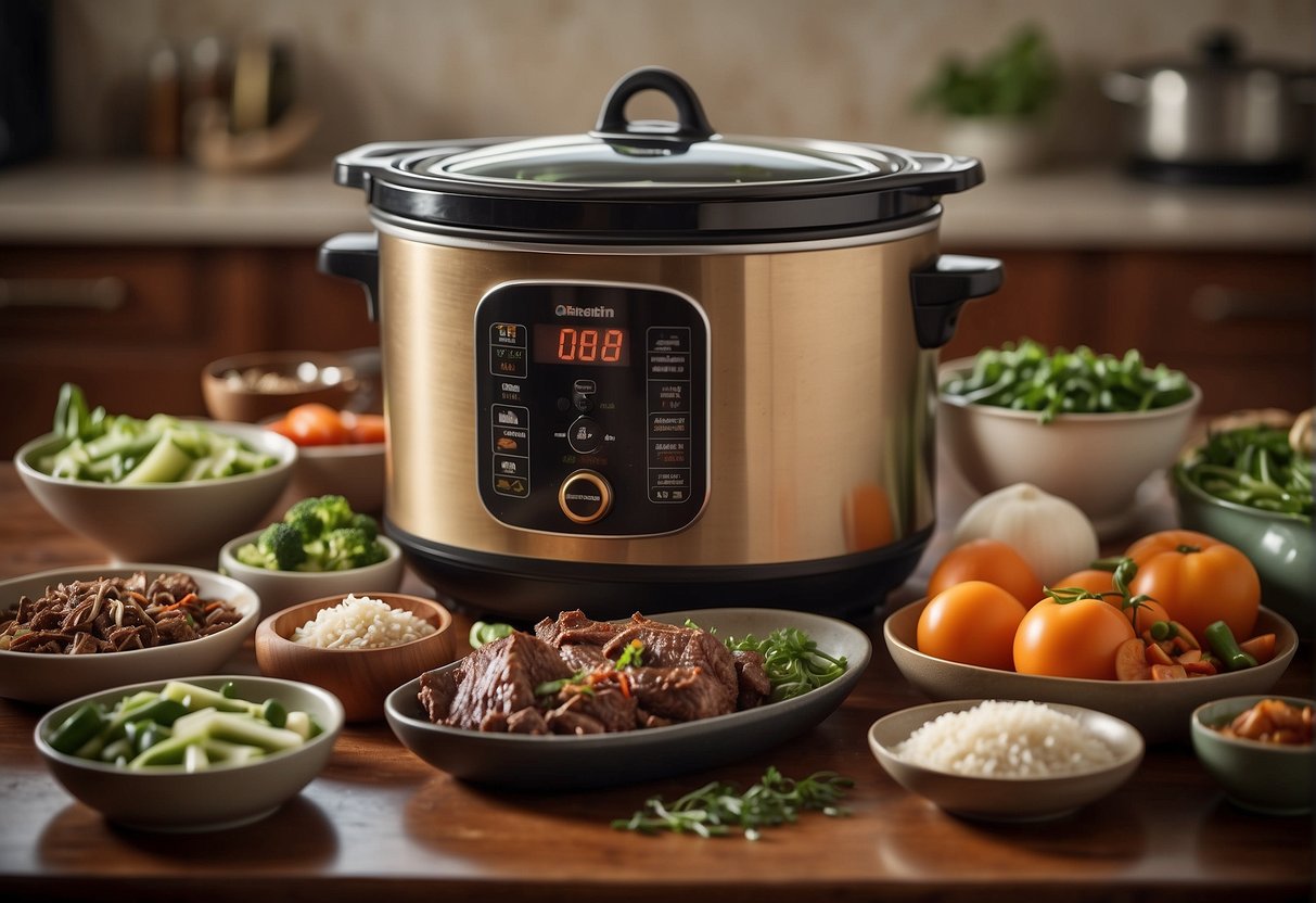 A slow cooker surrounded by various Chinese beef ingredients with a nutritional information label and dietary considerations displayed nearby