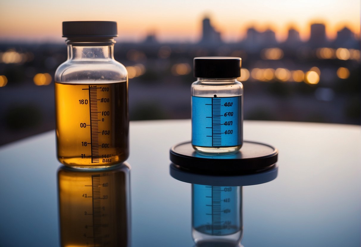 A vial of semaglutide injection next to a weight scale, with a backdrop of the Scottsdale, Arizona skyline