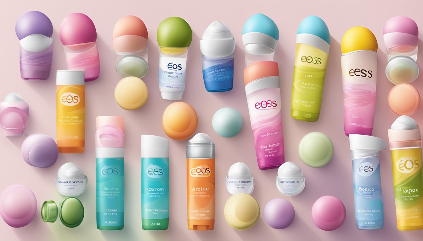 A display of various EOS lip balm products with a clear view of the packaging and the different flavors available