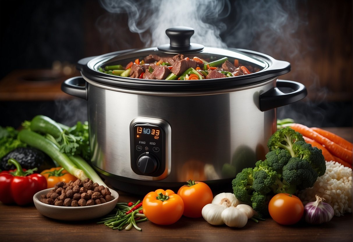 A steaming slow cooker filled with tender Chinese beef, surrounded by vibrant vegetables and aromatic spices