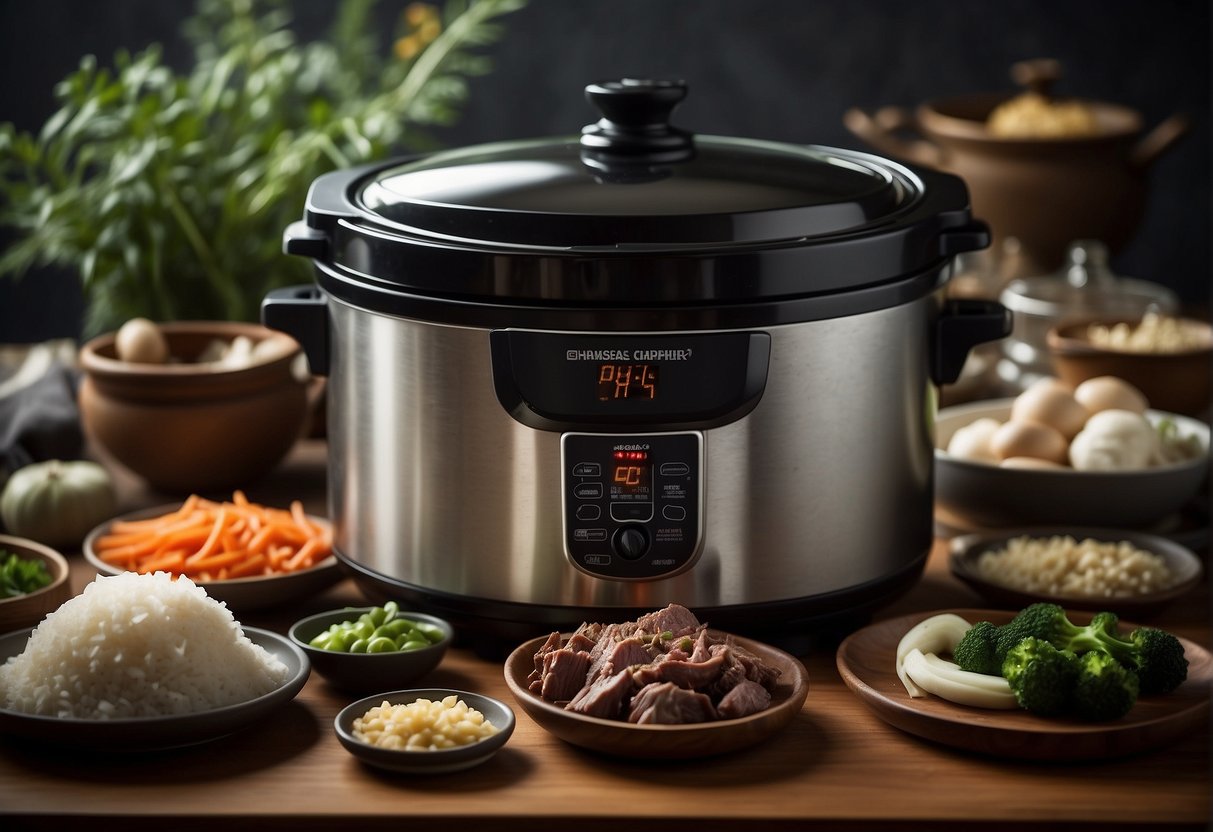 A slow cooker surrounded by Chinese beef ingredients and a list of frequently asked questions