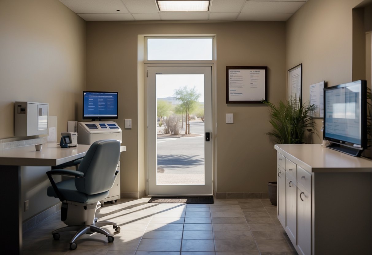 A serene clinic setting in Scottsdale, Arizona, with a prominent display of semaglutide weight loss injection treatment information