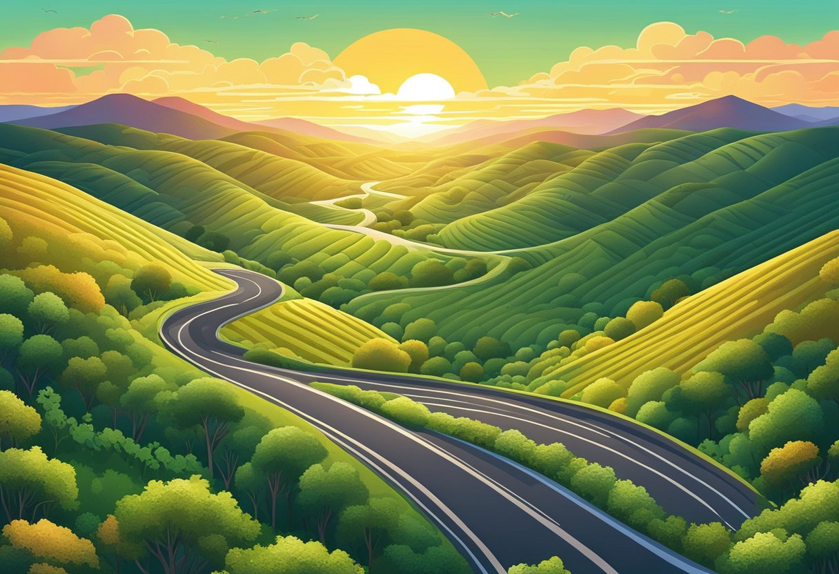 A winding road stretches ahead, flanked by rolling hills and lush greenery. The sun sets in the distance, casting a warm glow over the open road