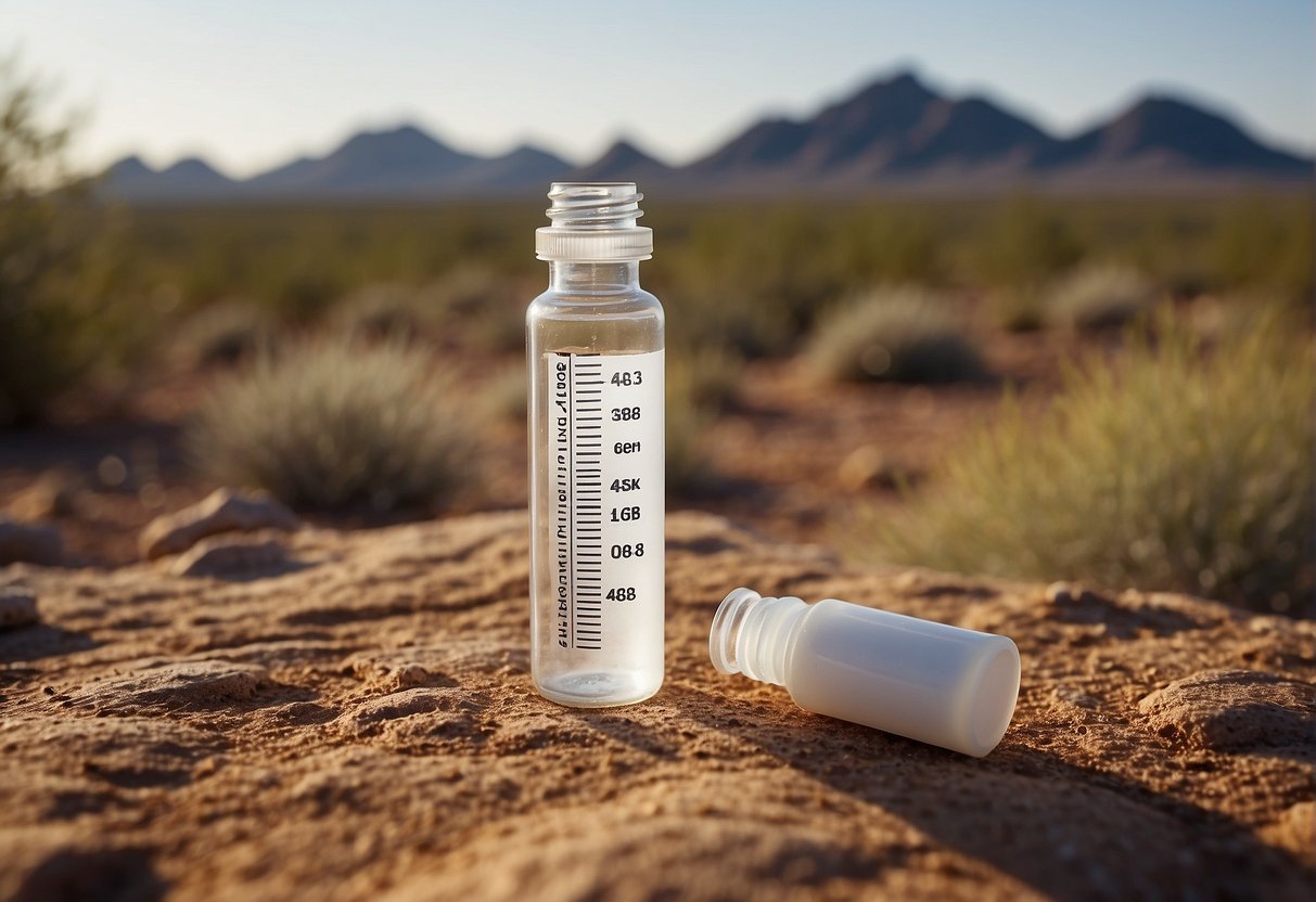 A vial of semaglutide weight loss injection surrounded by a backdrop of Scottsdale, Arizona's desert landscape