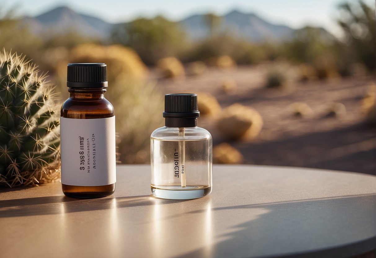 A serene desert landscape in Scottsdale, Arizona, with a vial of semaglutide weight loss injection placed on a modern, minimalist table