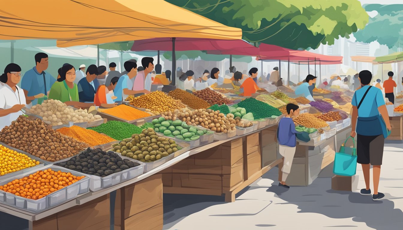 A bustling marketplace in Singapore with a vendor selling fresh escargot in a display of vibrant colors and exotic spices