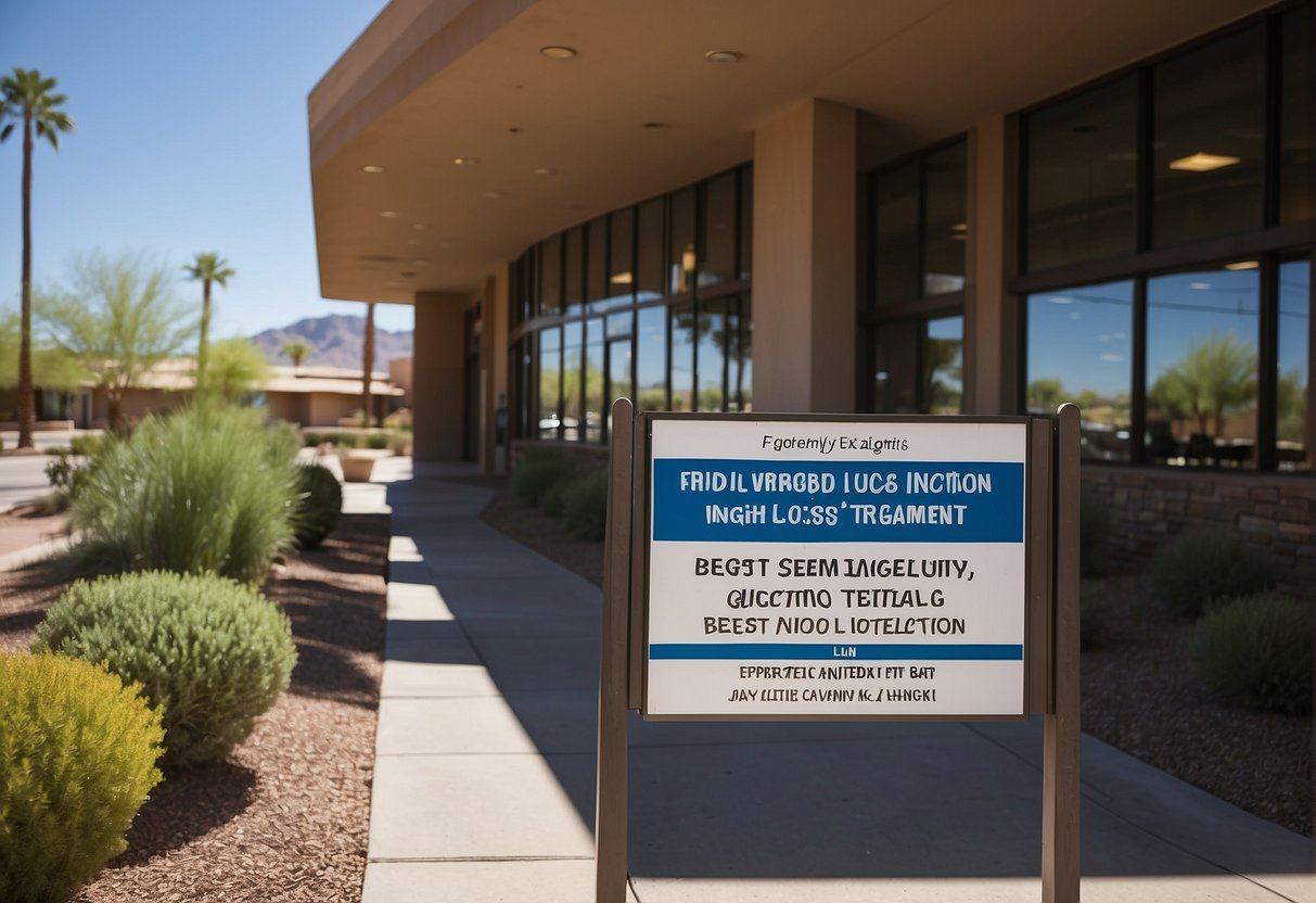 A bustling clinic in Scottsdale, Arizona, with a sign reading "Frequently Asked Questions: Best semaglutide weight loss injection treatment."