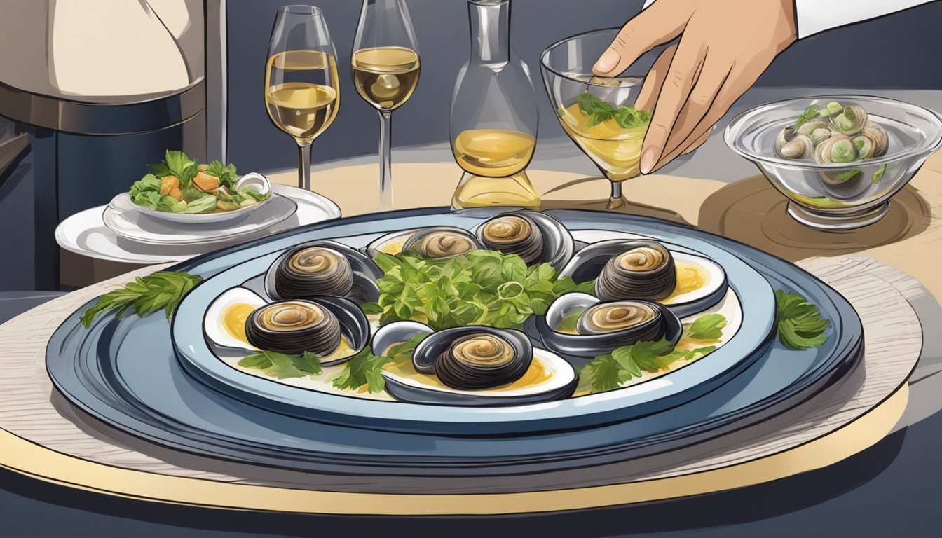 A chef prepares and serves escargot on a decorative platter with garnishes, at a high-end restaurant in Singapore