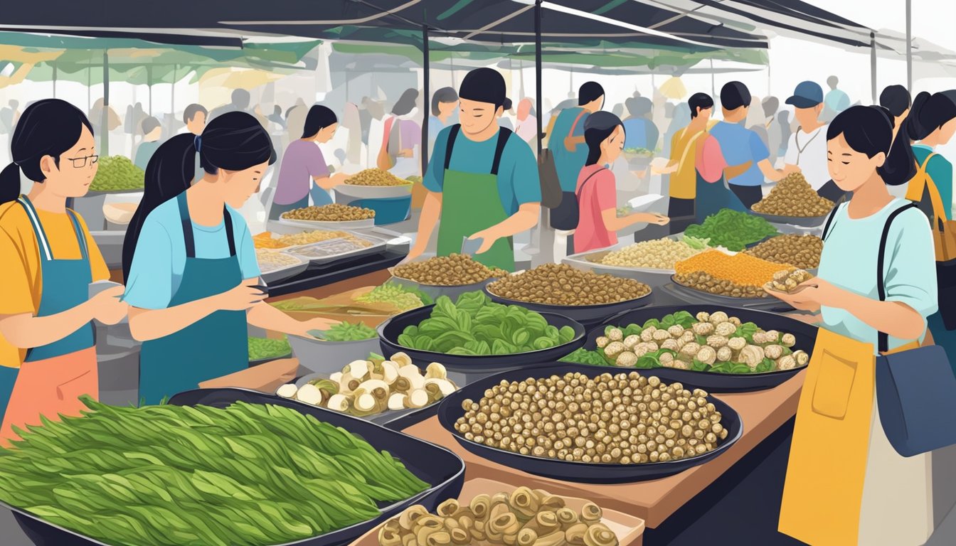 A bustling marketplace with a variety of vendors selling fresh escargot in Singapore. Customers inquire and purchase the delicacy