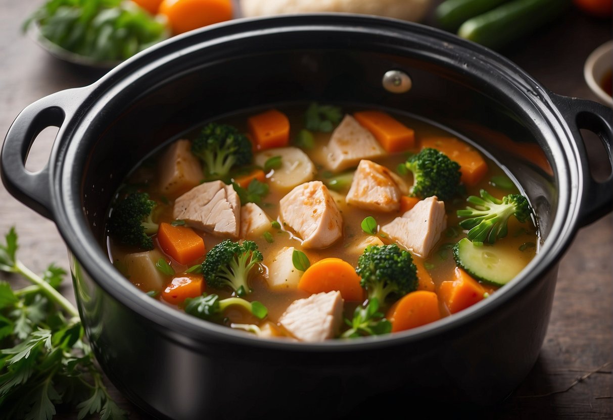 Fresh vegetables and tender pieces of chicken simmer in a fragrant broth in a slow cooker. A hint of ginger and soy sauce adds depth to the savory aroma