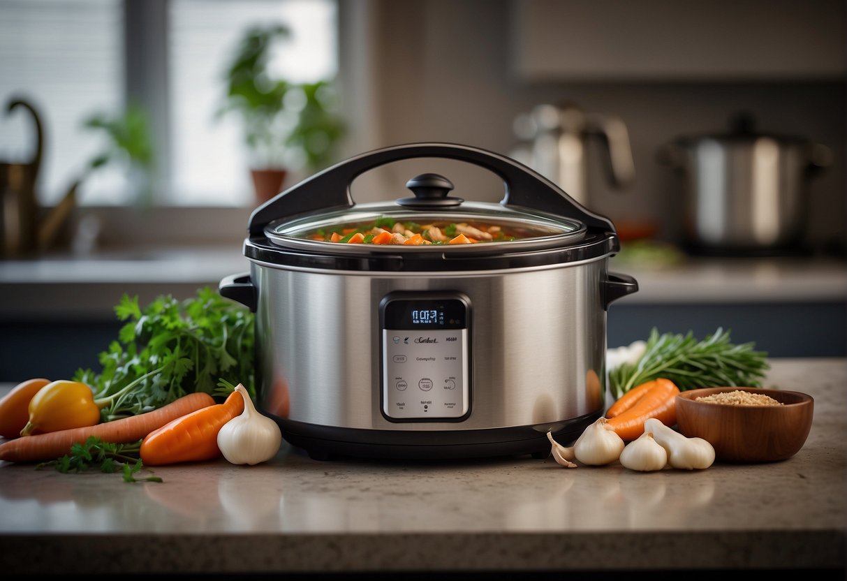 A slow cooker sits on a kitchen counter, filled with simmering Chinese chicken soup. Aromatic herbs and spices float on the surface, infusing the air with a tantalizing aroma