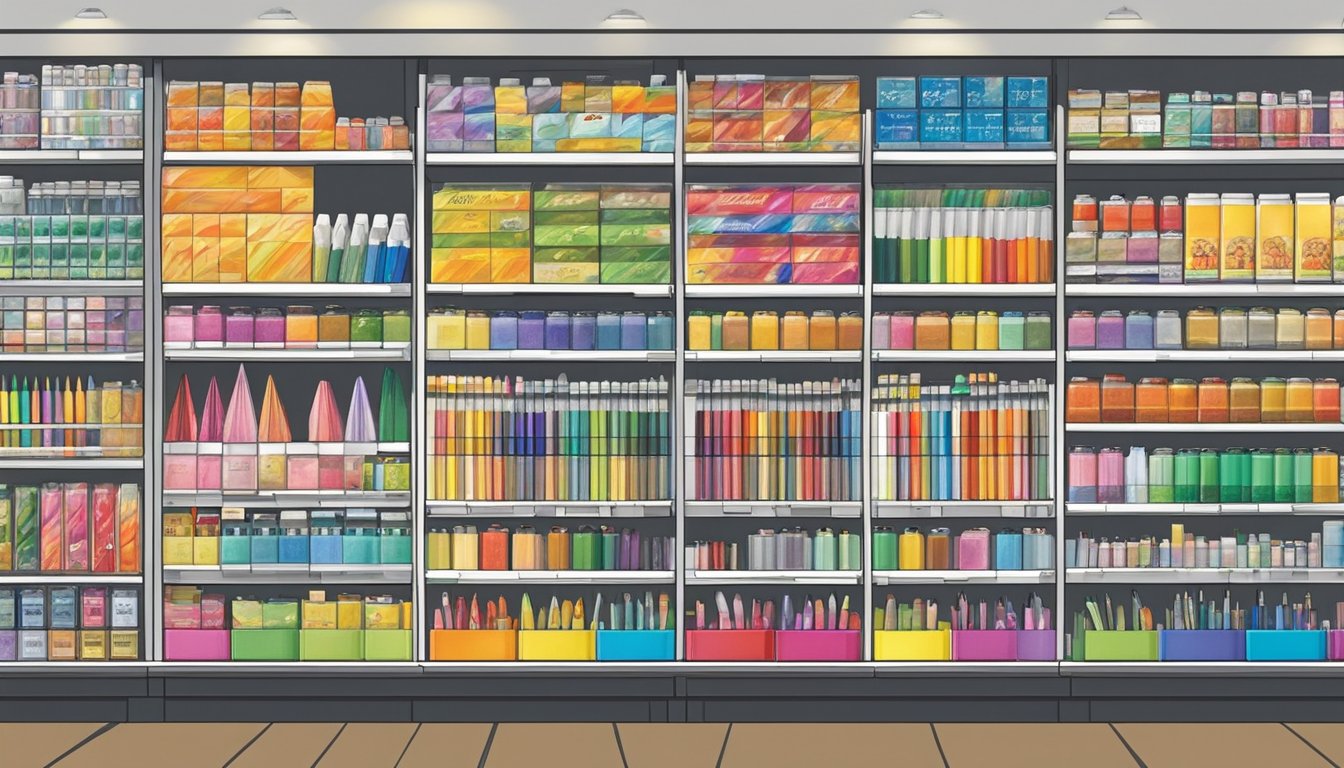A bustling art supply store in Singapore displays a variety of Faber-Castell products on its shelves, with colorful packaging and clear price tags
