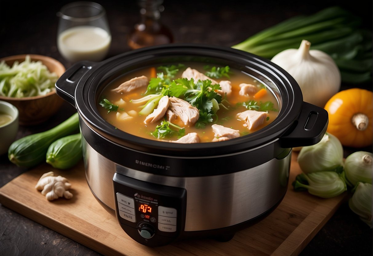 A bubbling slow cooker filled with aromatic Chinese chicken soup, surrounded by fresh ingredients like ginger, scallions, and bok choy