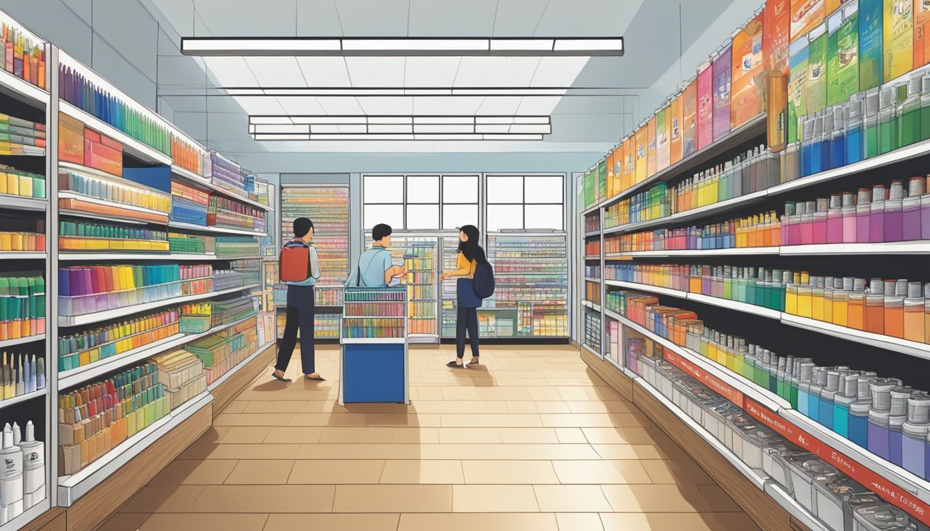 A bustling art supply store in Singapore displays a wide array of Faber-Castell products on neatly organized shelves. Customers browse the selection while a knowledgeable staff member assists with inquiries