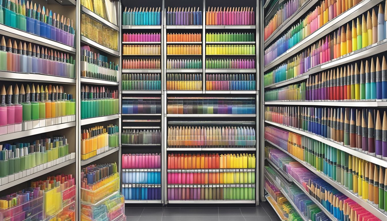 A colorful display of Faber-Castell art supplies arranged neatly on shelves in a Singaporean store