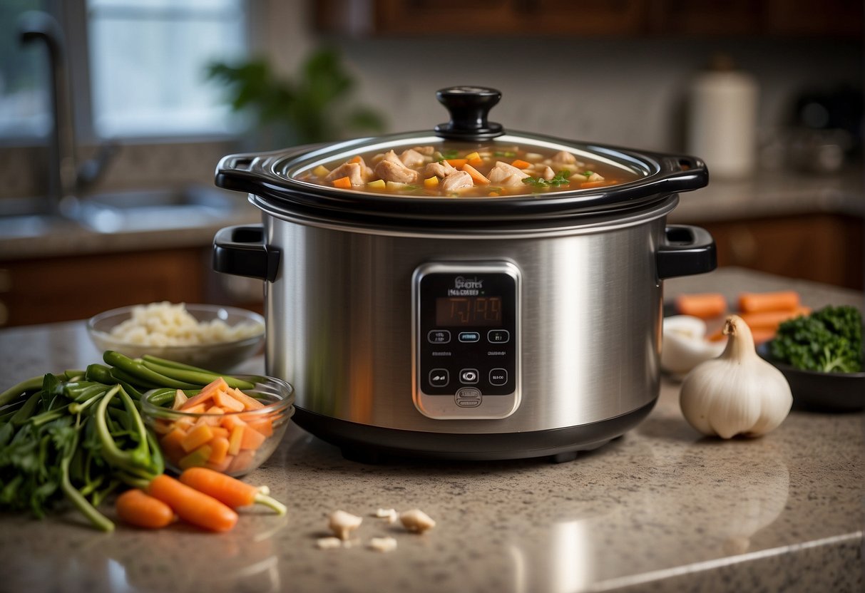 A slow cooker sits on a kitchen counter, filled with simmering Chinese chicken soup. Ingredients like ginger, garlic, and soy sauce are scattered nearby