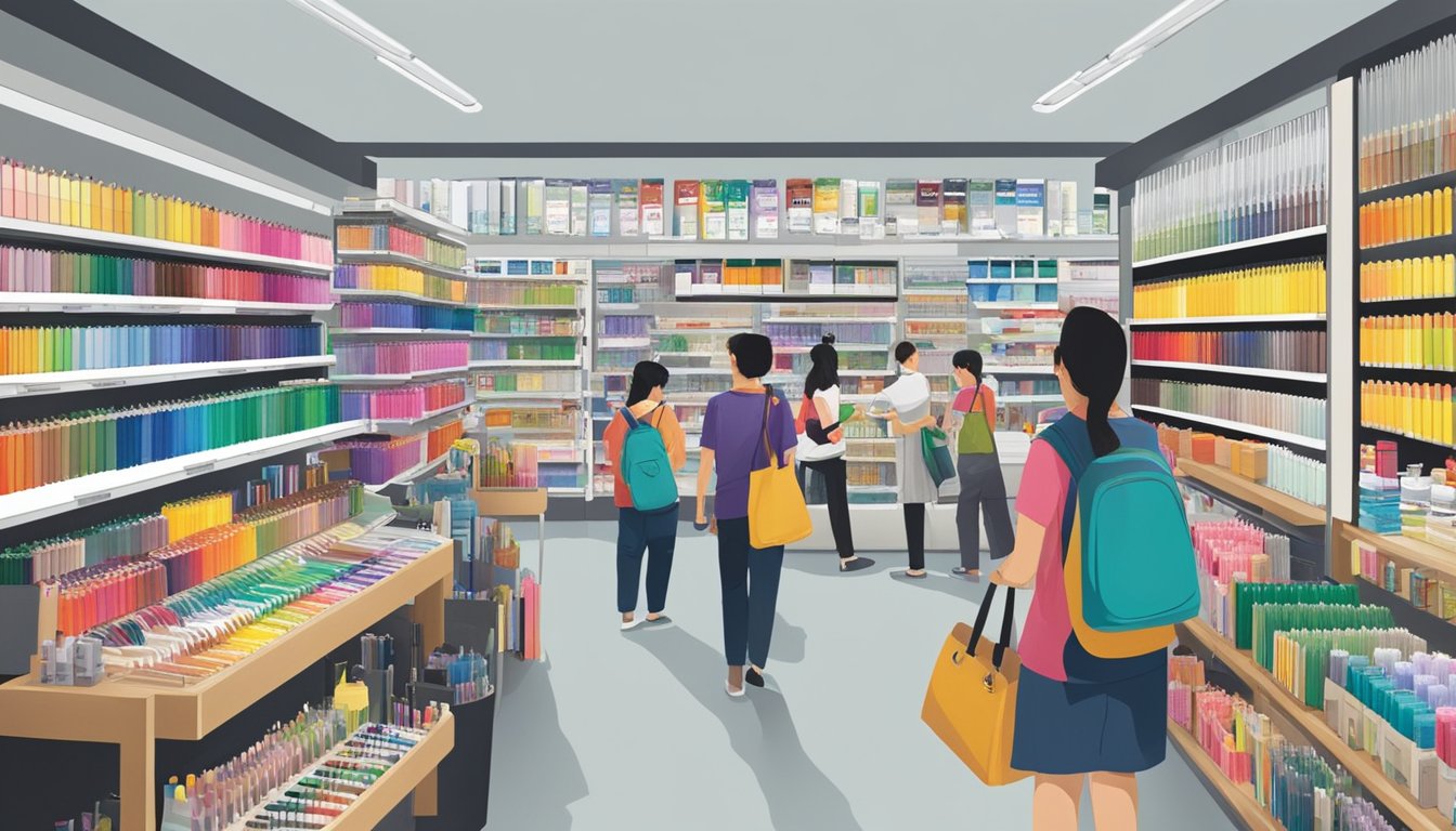 A bustling art supply store in Singapore displays shelves of Faber-Castell products, with customers browsing and staff assisting