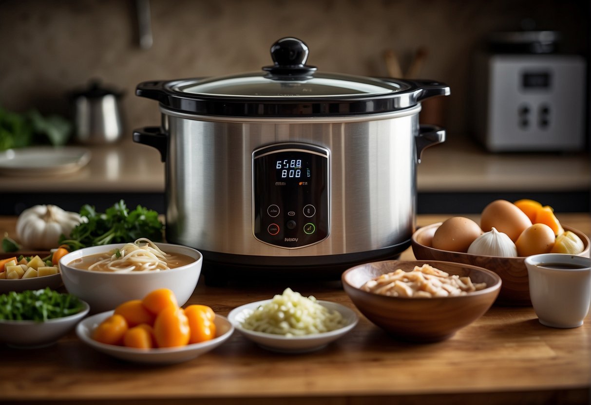 A slow cooker sits on a kitchen counter, filled with Chinese chicken soup. Various ingredients like ginger, garlic, and soy sauce are scattered nearby