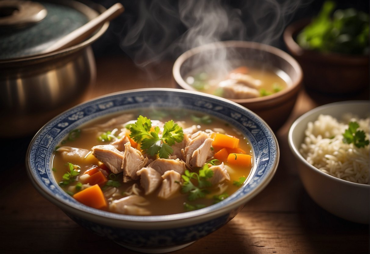 A steaming bowl of Chinese chicken soup sits on a wooden table next to a ladle and a stack of bowls. A slow cooker is visible in the background