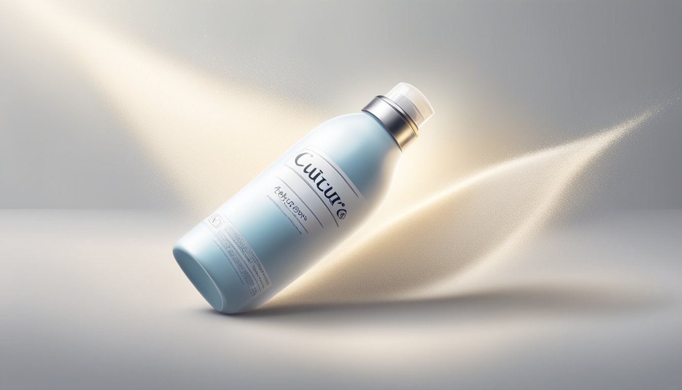 A bottle of Cuticura Talcum Powder sits on a clean, white surface. Rays of light shine on the bottle, emphasizing its smooth texture and elegant design