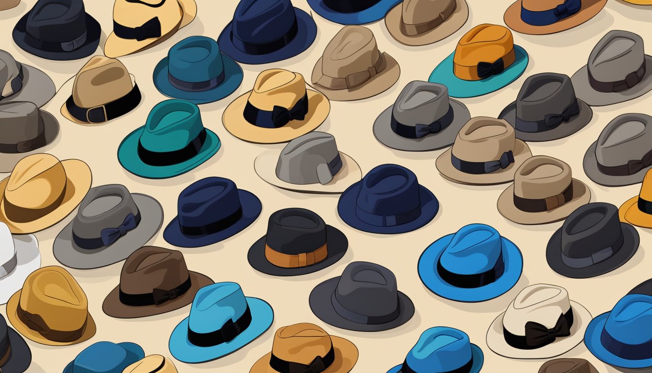 A display of stylish fedora hats in a Singaporean boutique, showcasing various colors and designs for sale