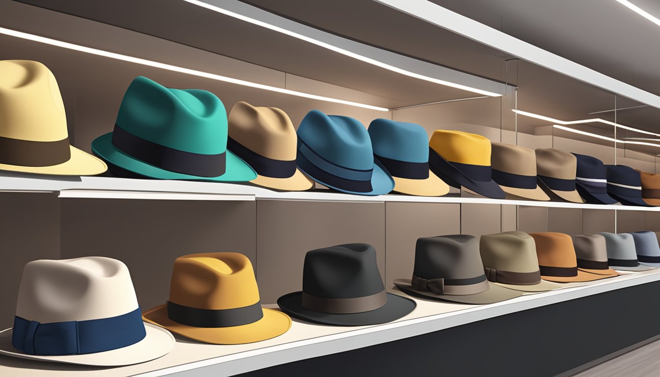 A display of stylish fedora hats in a Singapore boutique, arranged on shelves and mannequins