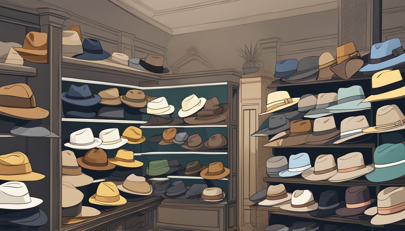 A display of various fedora hats in a boutique in Singapore, with a sign indicating "Frequently Asked Questions: Where to buy fedora hats in Singapore."