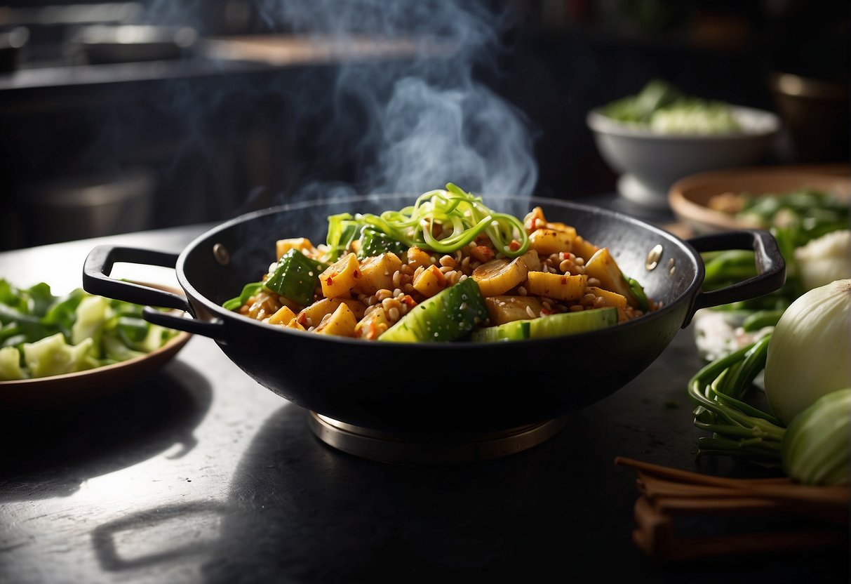 A wok sizzles as snake gourd, garlic, and soy sauce are stir-fried. Steam rises, and the aroma of ginger and scallions fills the air