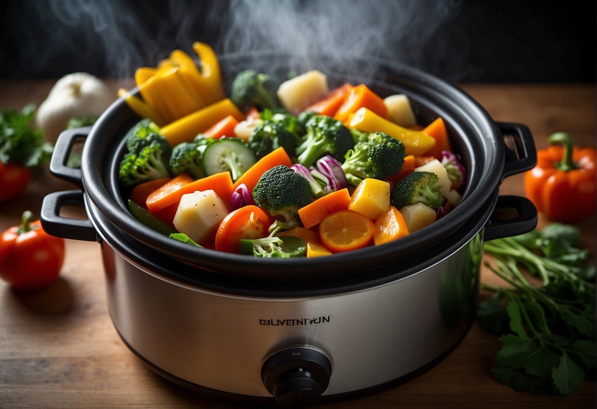 A slow cooker filled with colorful vegetables and aromatic spices, emitting a delicious aroma as it simmers, ready to be transformed into flavorful Chinese vegetarian dishes
