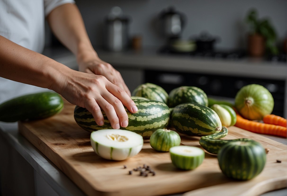 A hand reaching for a fresh snake gourd, slicing and preparing it for a Chinese recipe. Ingredients and utensils laid out on a clean kitchen counter