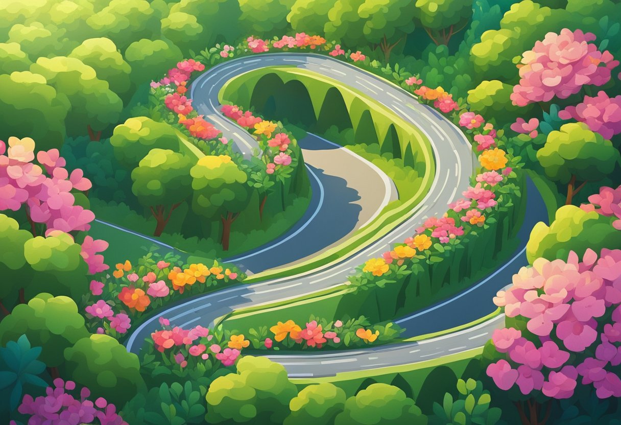 A winding road stretches into the distance, flanked by lush greenery and vibrant flowers, with a glowing sun on the horizon