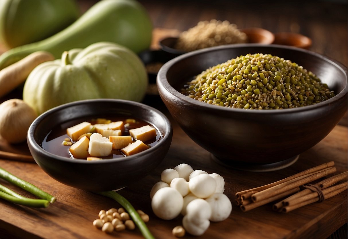 Snake gourd, tofu, mushrooms, and spices laid out on a wooden cutting board. A bowl of soy sauce and a mortar and pestle nearby