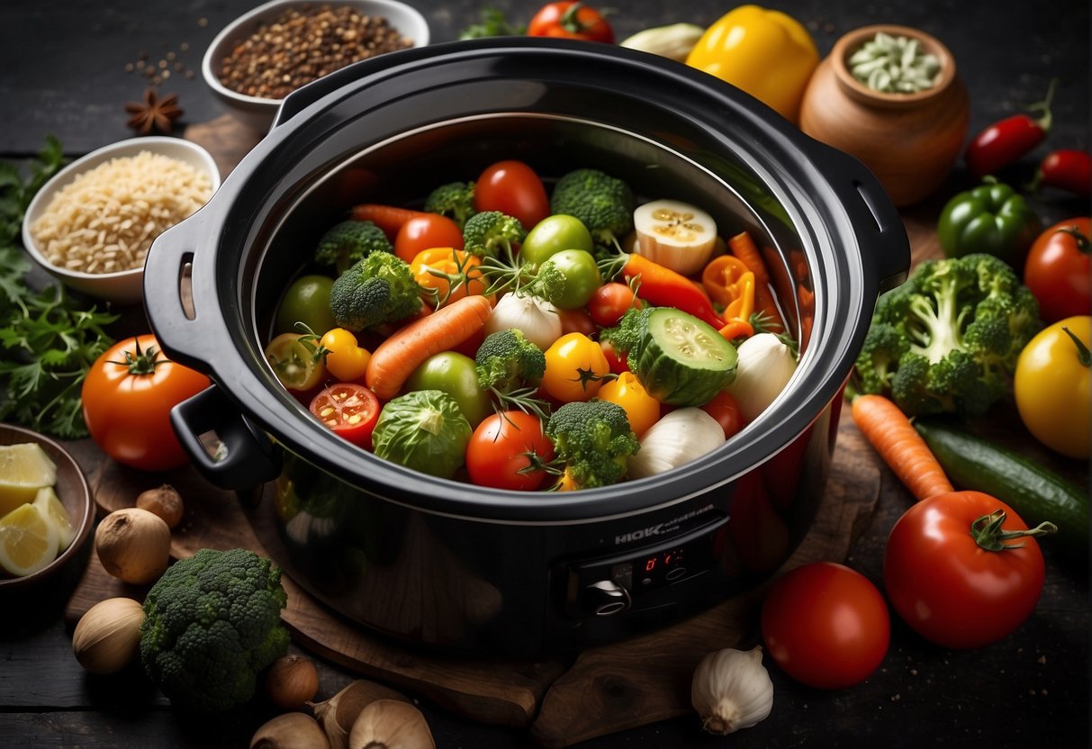 Assorted fresh vegetables and aromatic spices simmer in a slow cooker, filling the air with mouth-watering aromas