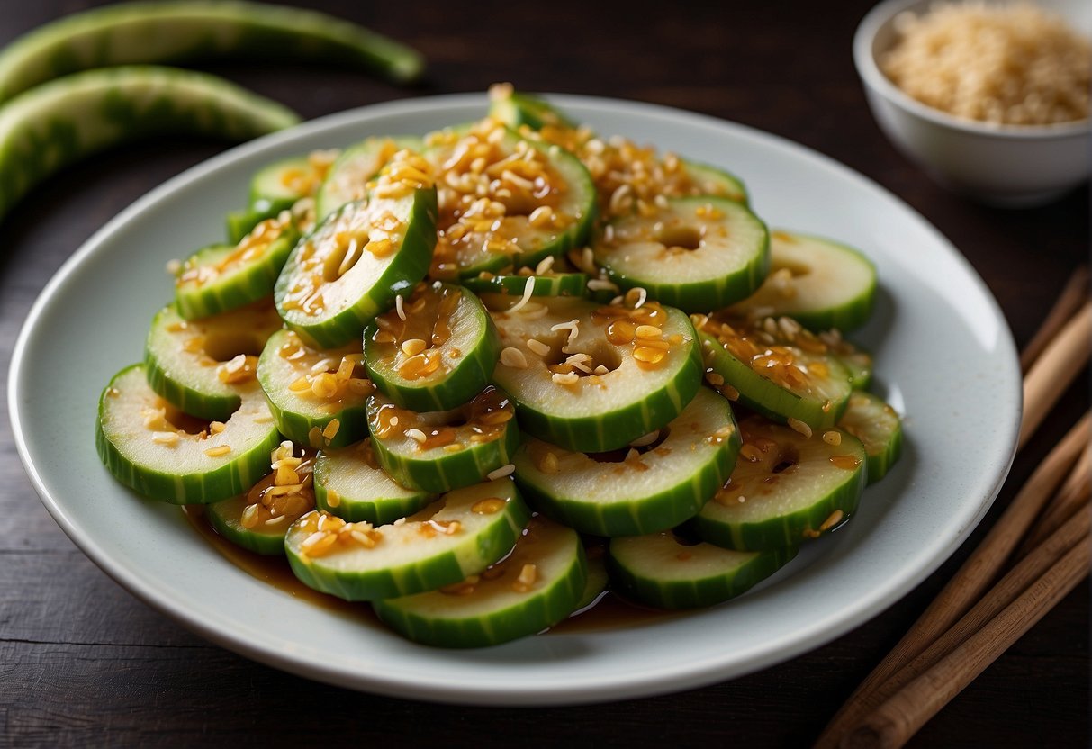 Snake gourd sliced, stir-fried in wok with garlic, ginger, soy sauce, and sesame oil. Sizzling and aromatic