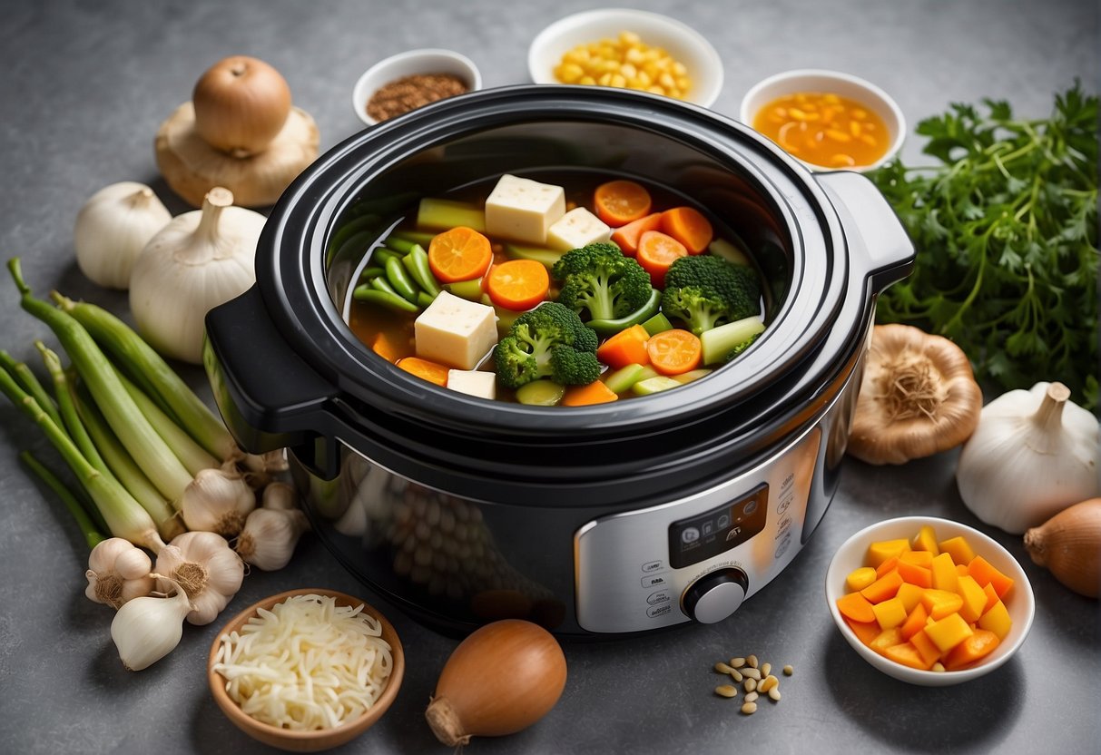 Various fresh vegetables, tofu, soy sauce, ginger, garlic, and vegetable broth arranged around a slow cooker
