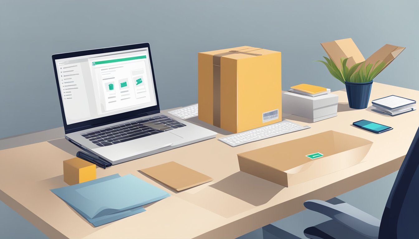 A hand clicks "add to cart" on a computer screen. A desktop PC sits on a desk, surrounded by packaging and a delivery box