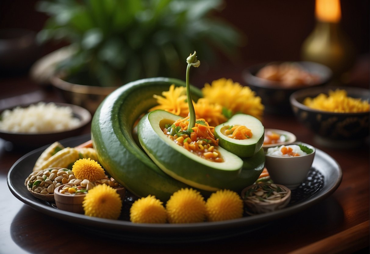 A snake gourd dish is being served with Chinese accompaniments on a decorative platter