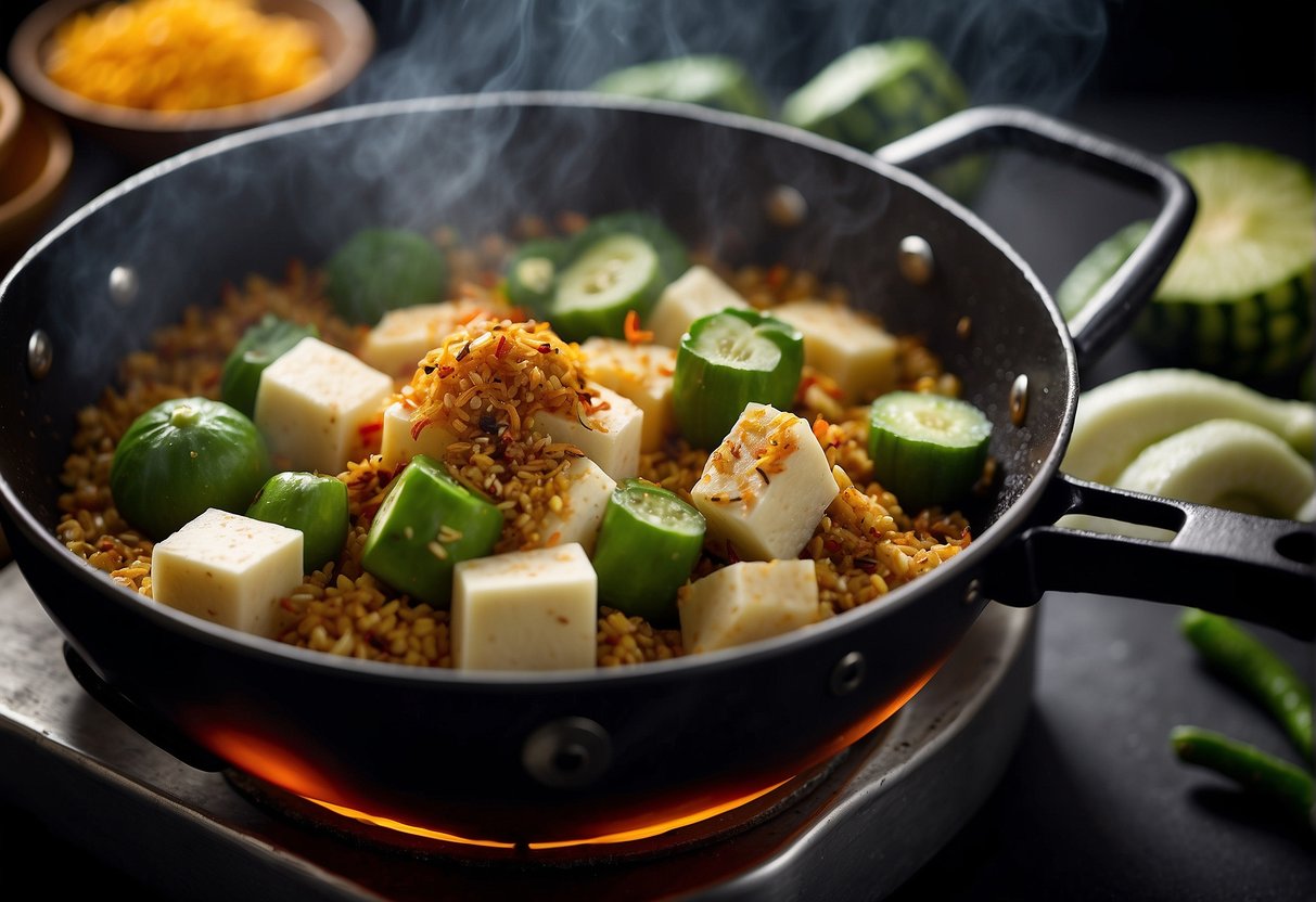 Snake gourd, tofu, and Chinese spices sizzle in a wok. A steamy aroma fills the kitchen as the ingredients blend for a healthy, flavorful dish