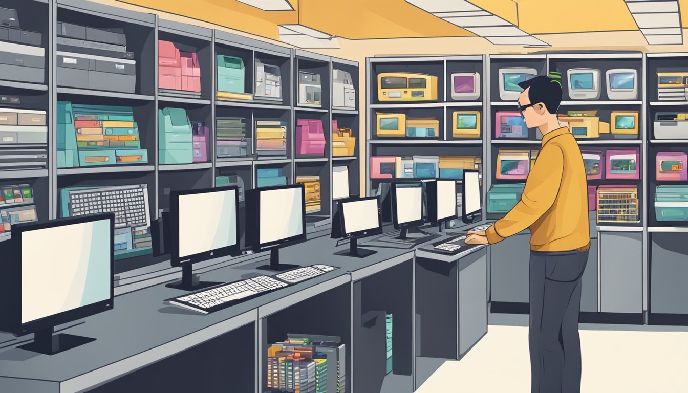 A person selects a desktop PC from a variety of options displayed on a computer store shelf