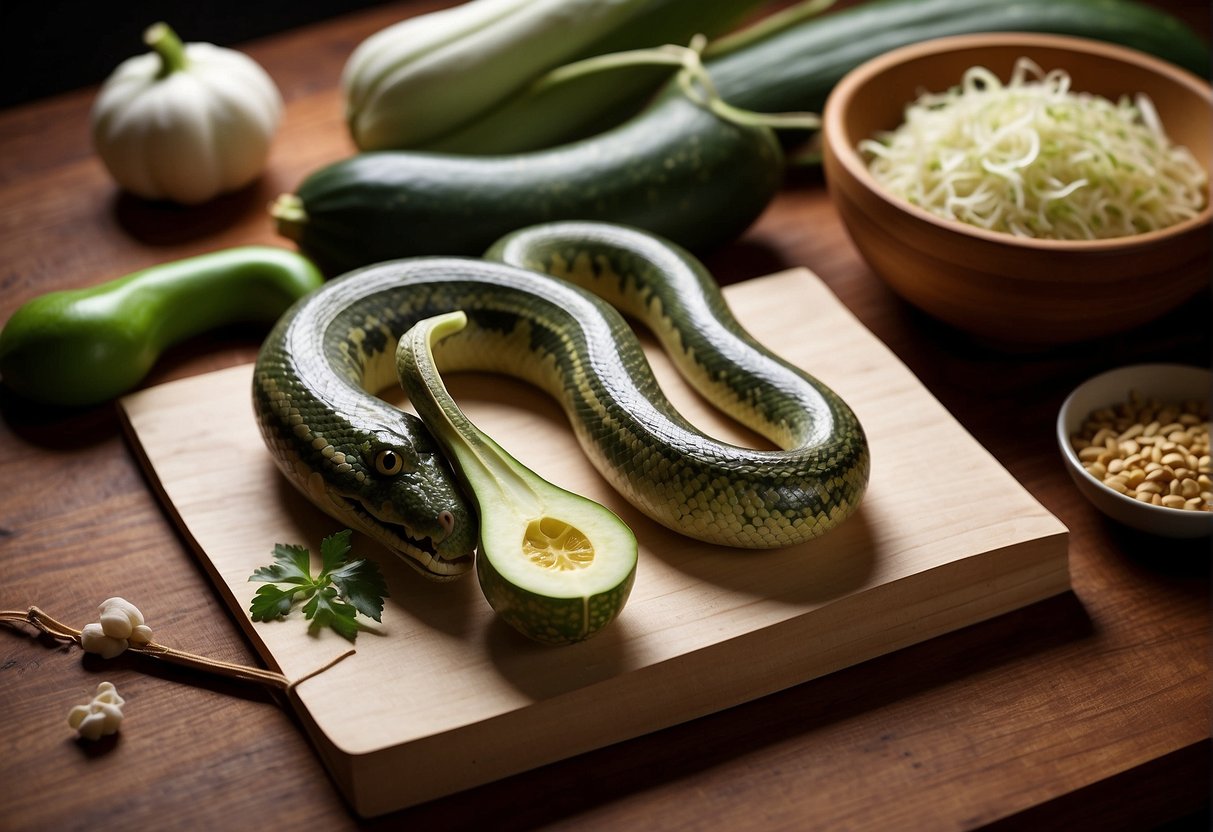 A snake gourd and various Chinese cooking ingredients arranged on a wooden cutting board, with a recipe book open to a page titled "Frequently Asked Questions snake gourd Chinese recipe."