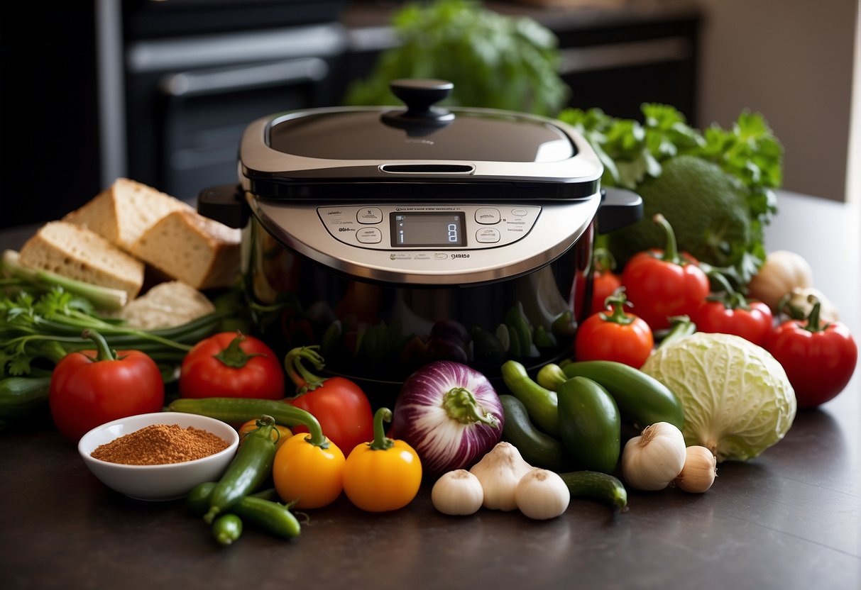 A colorful array of fresh vegetables, tofu, and aromatic spices arranged around a slow cooker, emitting delicious aromas