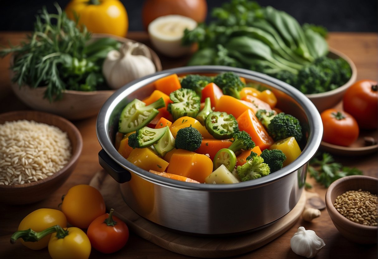 A variety of fresh vegetables and fragrant spices are being added to a slow cooker, creating a flavorful Chinese vegetarian dish
