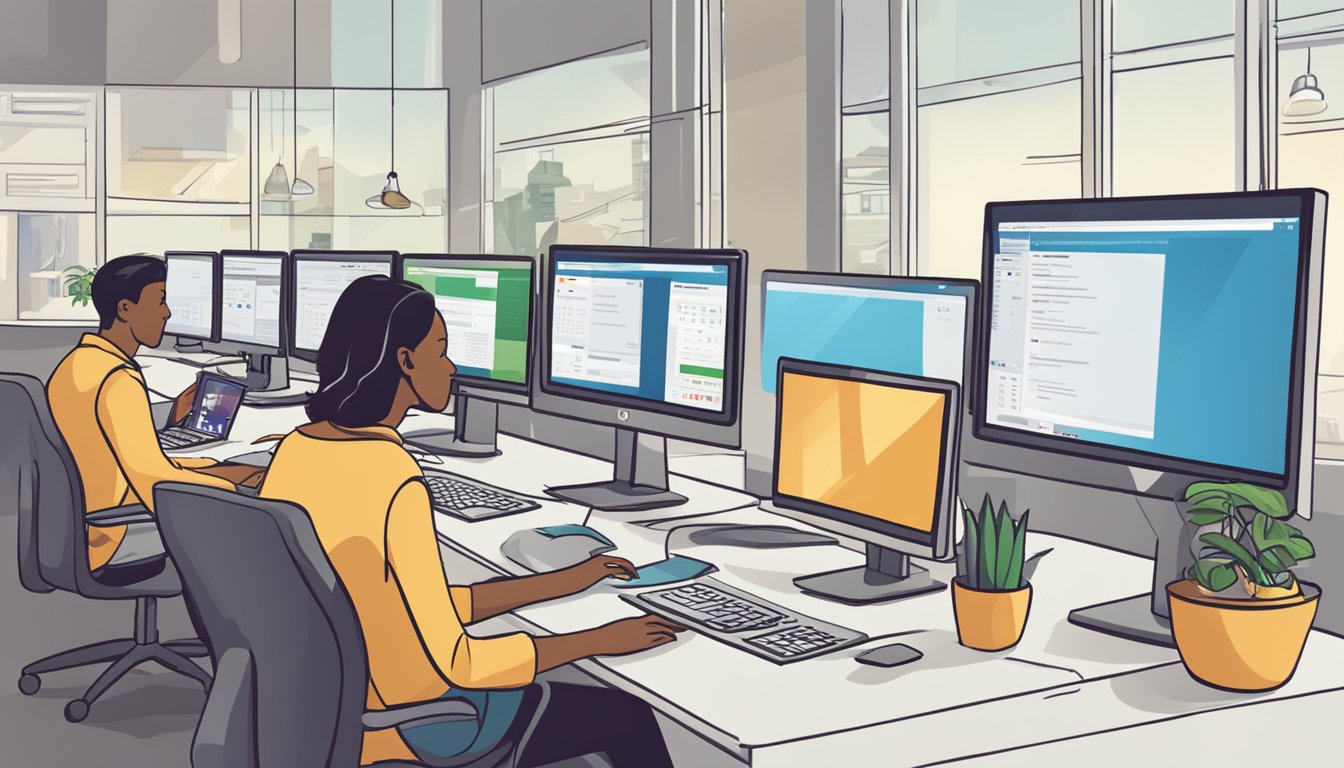 Customers browsing desktop PCs online, with various models and specifications displayed. A "Frequently Asked Questions" section is visible, providing helpful information for potential buyers