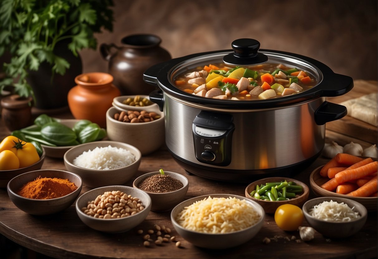 A slow cooker surrounded by various Chinese vegetarian ingredients and spices, with a cookbook open to a "Frequently Asked Questions" section