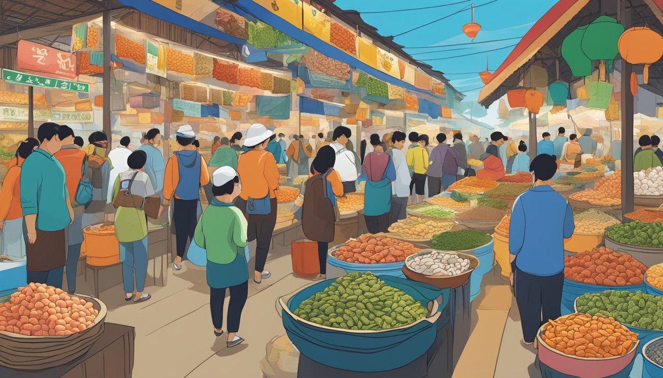 A bustling market with colorful stalls displaying various types of fish paste. Customers sample different flavors while vendors eagerly promote their products