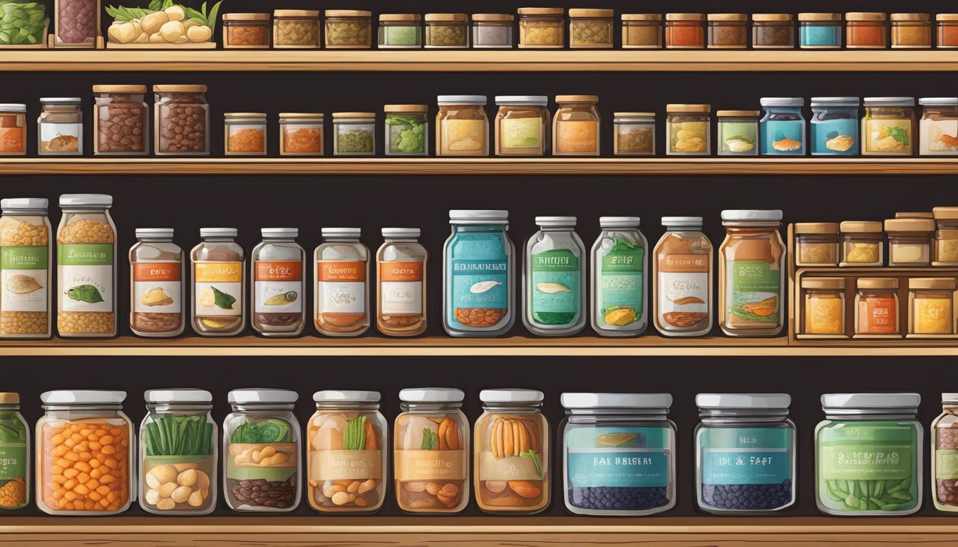 A display of various fish paste varieties and ingredients at a market in Singapore. Shelves lined with jars and packages, showcasing the different types available for purchase